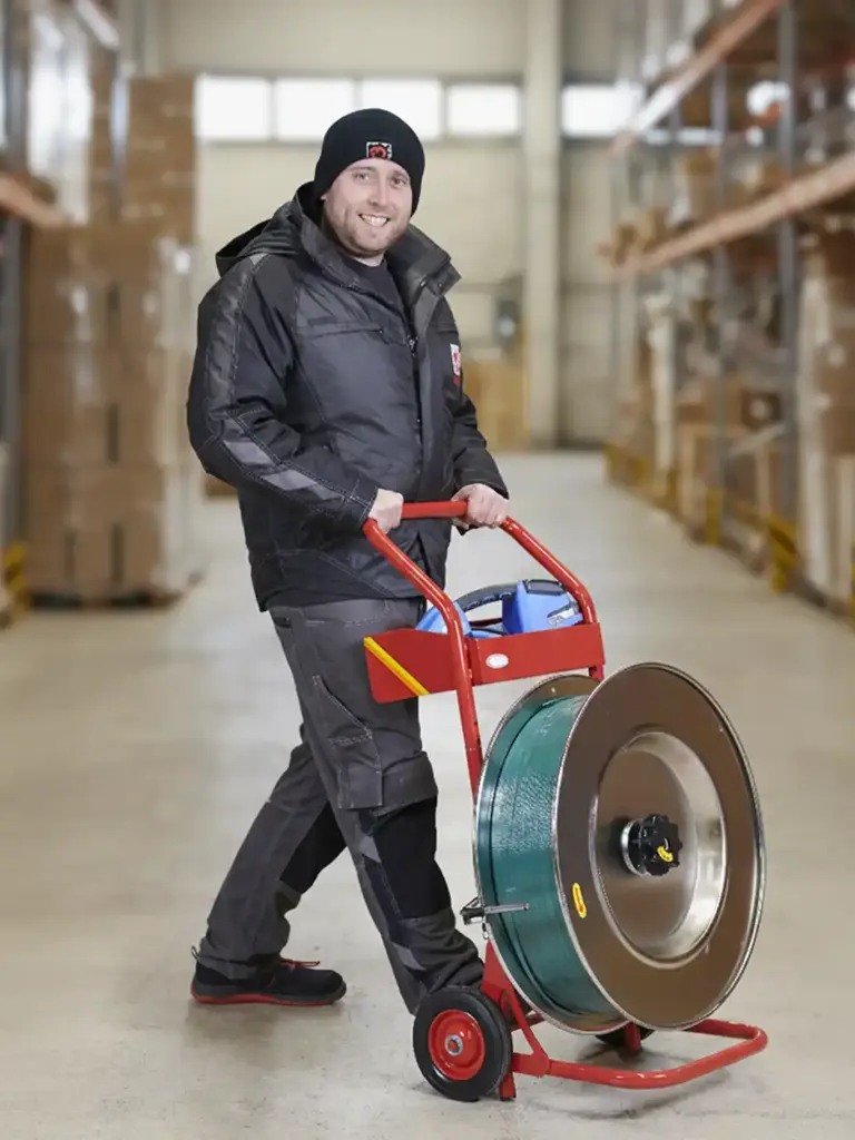 Ablaufgeräte fahrbares Ablaufgerät Umreifungsband Anwendungsbeispiel